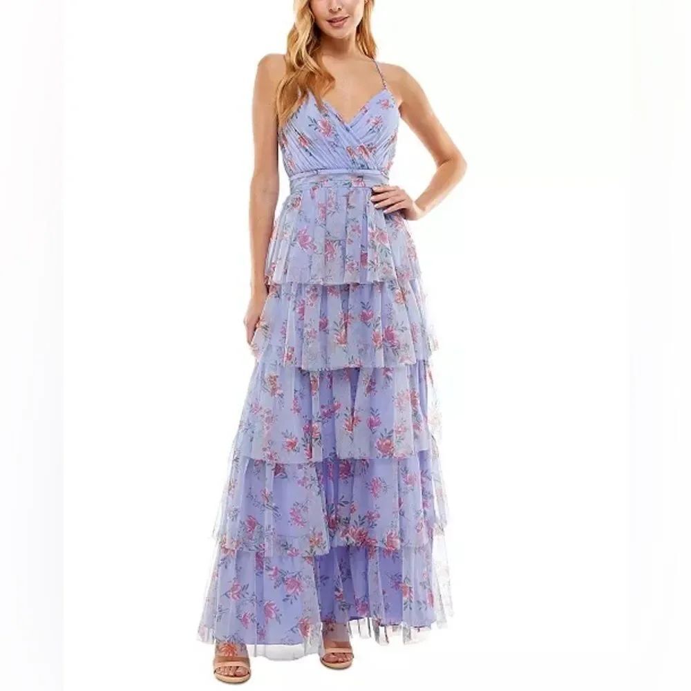 Macy's City Studios Juniors' Printed Tiered-Skirt Tulle Dress in Lillac Size 3/4